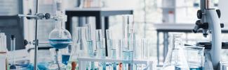 lab bench with beakers and test tubes