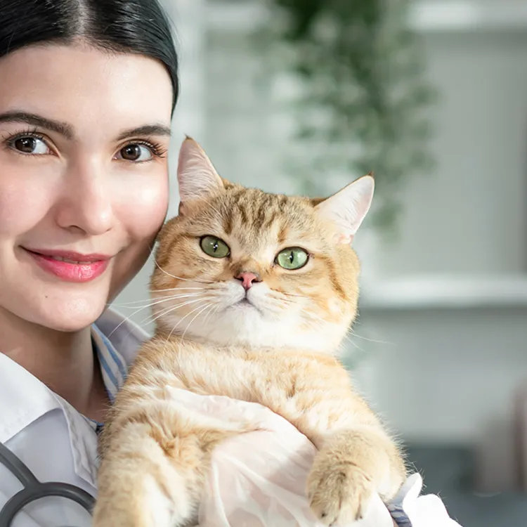Woman vet holding an orange tabby cat